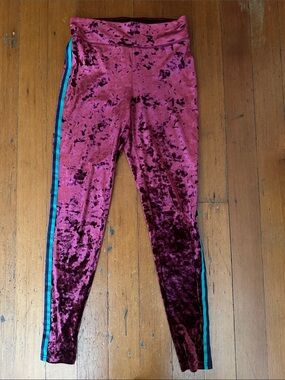 Aerie Crushed Velvet Burgundy Red Maroon Leggings with Teal & Navy Side Stripe